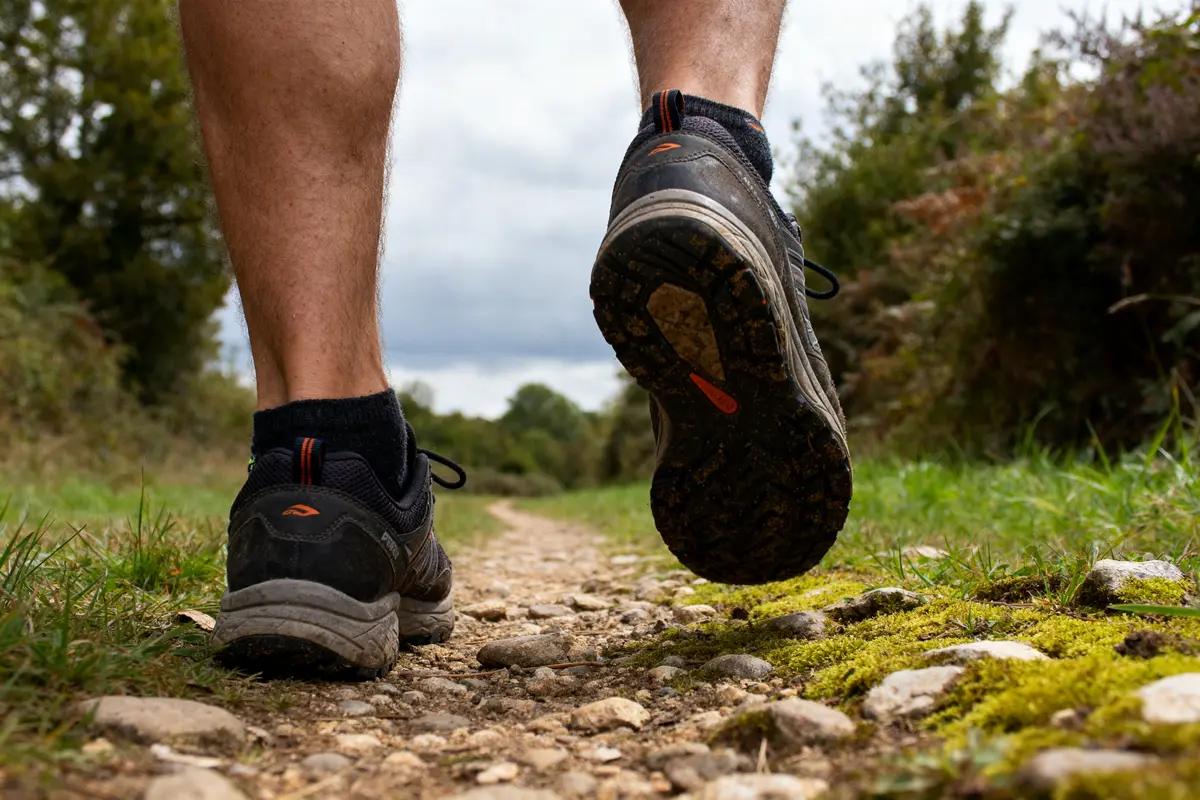 Marcheur sur sentier forestier pour mesurer l'équivalence de 15000 pas en km
