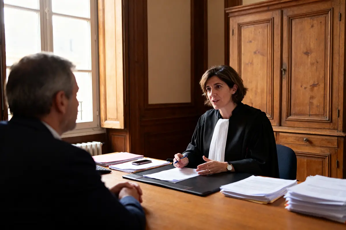 Avocate en réunion avec client dans un bureau boisé pour consultation Firbal