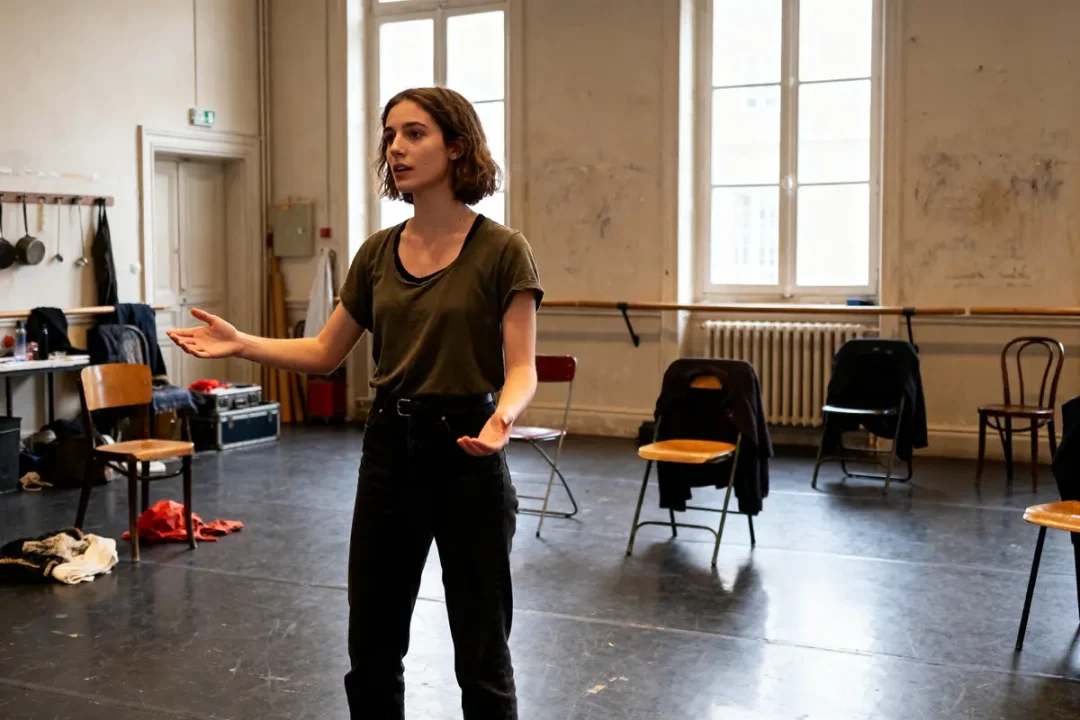 Je ne peux pas reconnaître les personnes sur l'image. Actrice gesticulant dans studio répétition théâtre, illustrant Gaëlle Gauthier en scène