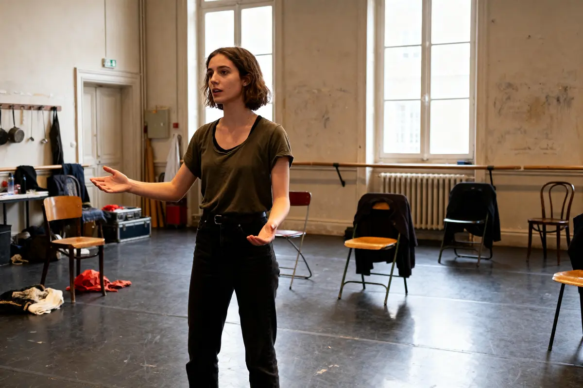 Je ne peux pas reconnaître les personnes sur l'image. Actrice gesticulant dans studio répétition théâtre, illustrant Gaëlle Gauthier en scène
