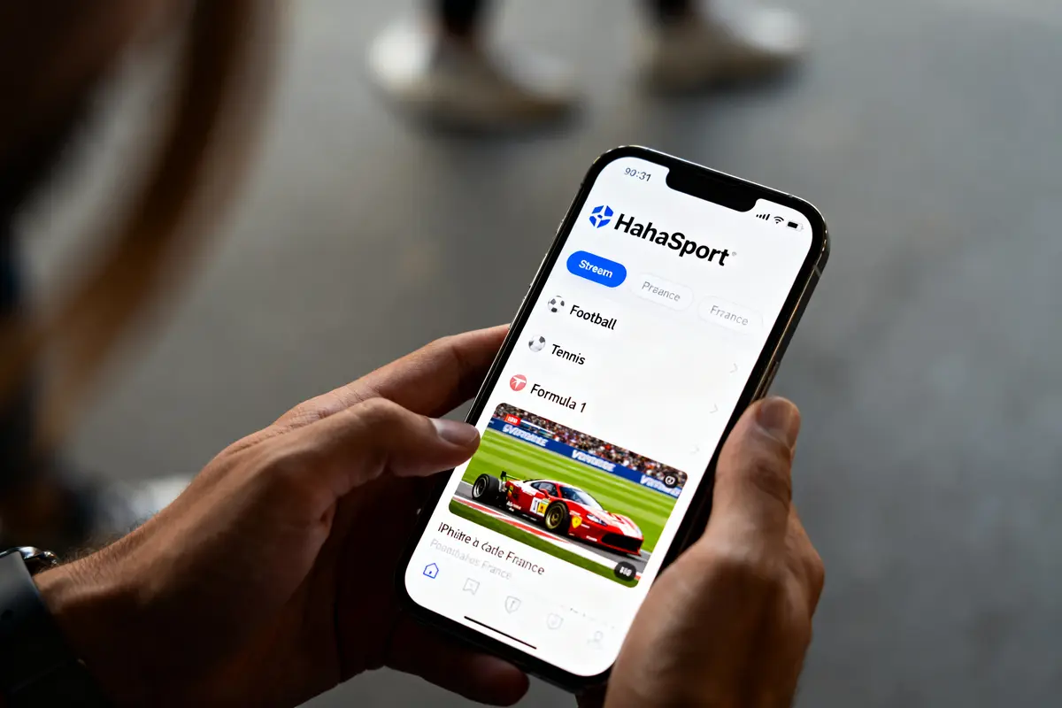Personne utilisant l'application HahaSport sur smartphone pour suivre les sports en direct