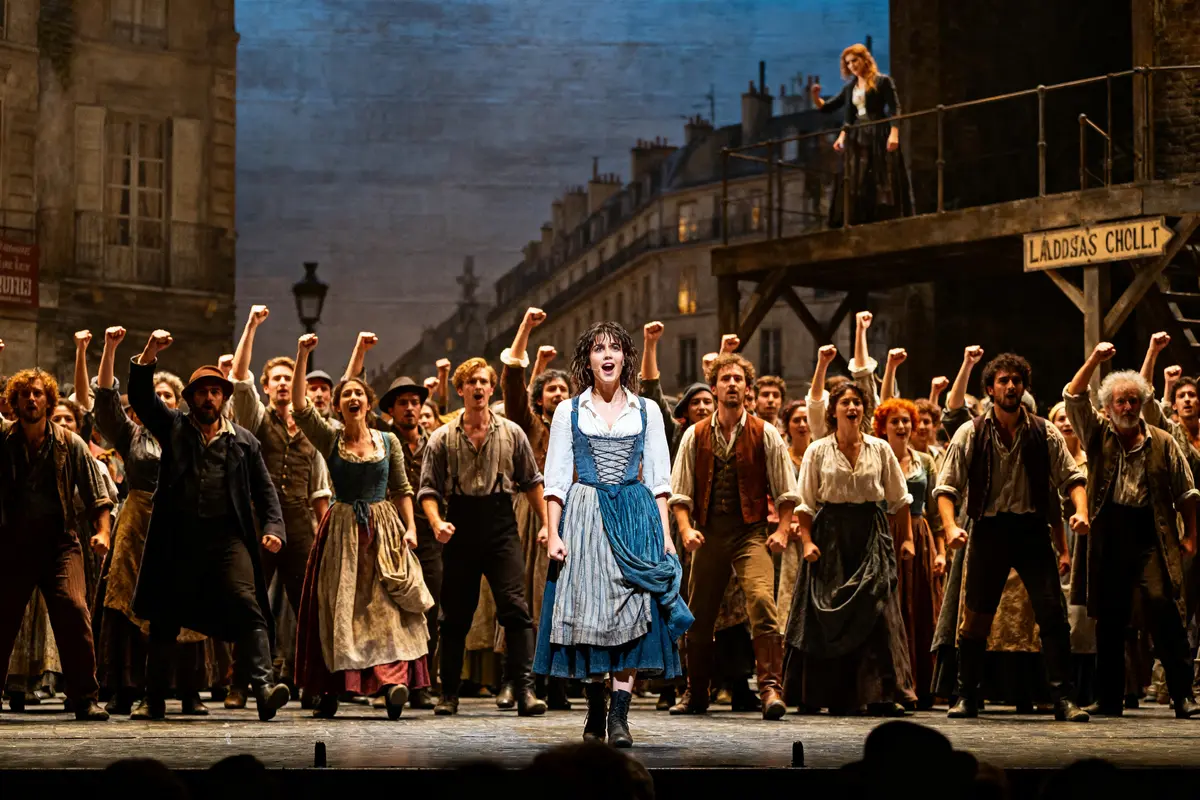 Scène révolutionnaire des Misérables Châtelet avec foule de personnages en costumes d'époque