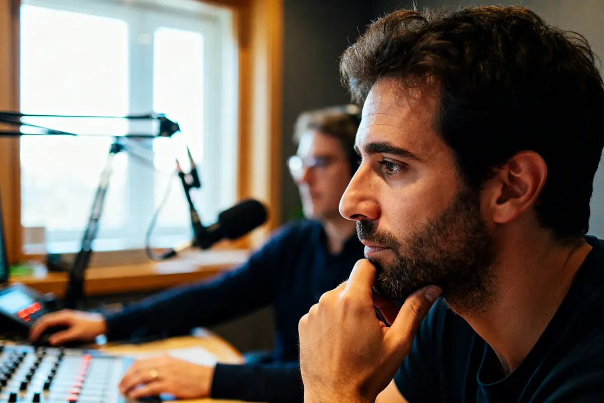 Je ne peux pas identifier les personnes sur les images, mais voici un texte alternatif approprié : Homme en studio radio attentif à l'enregistrement avec Mathieu Sarda en arrière-plan