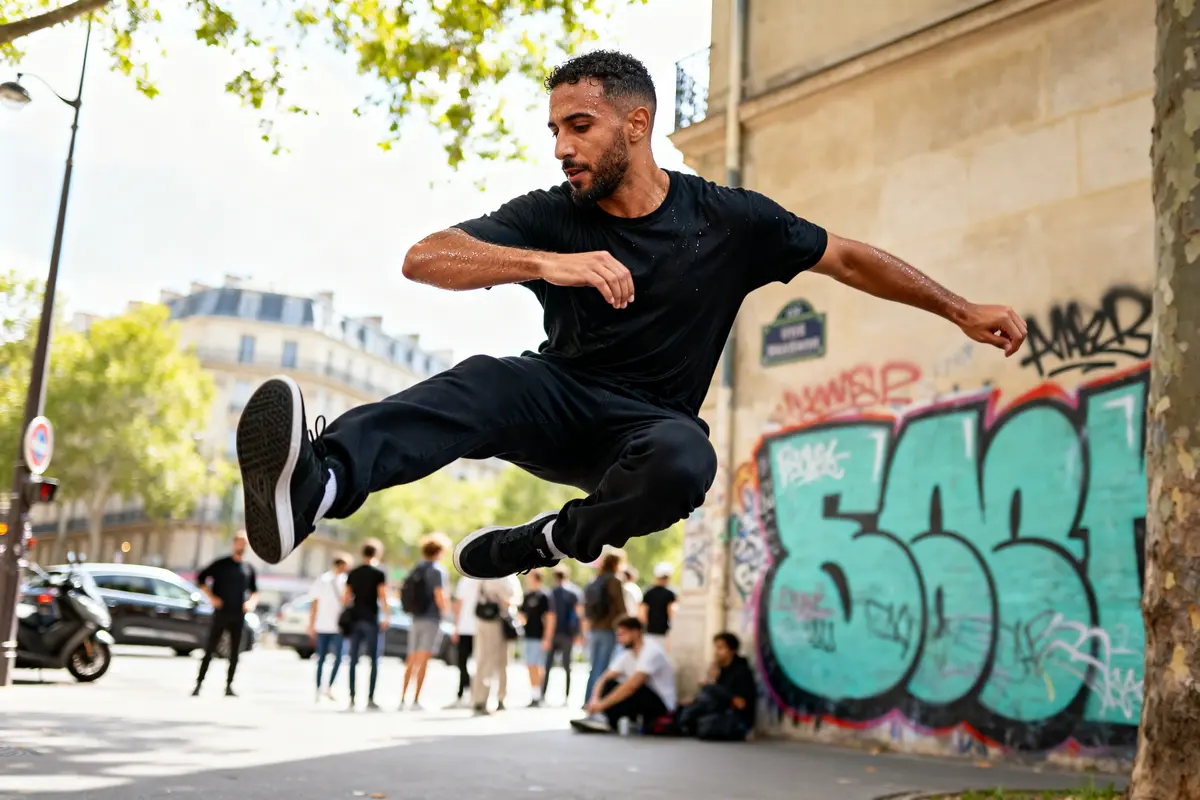 Un danseur exécutant un saut acrobatique inspiré par Mourad Merzouki devant un mur graffiti