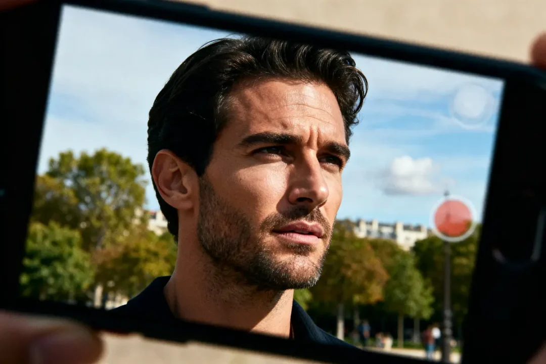 Un homme pose en extérieur pour Néo Masculin avec un smartphone au premier plan