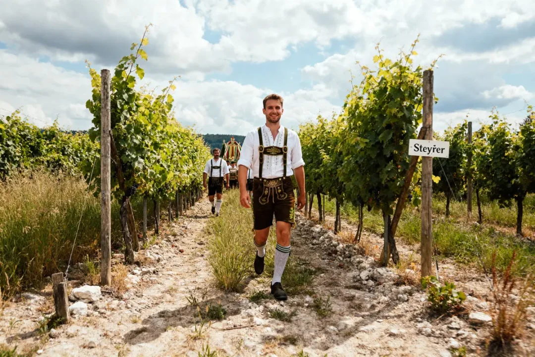Personnes en costume traditionnel marchant dans un vignoble Steyrer par ciel nuageux