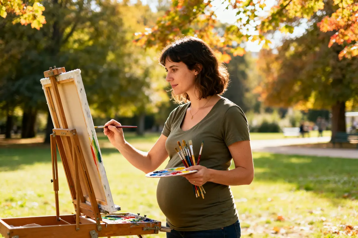 Femme enceinte peignant en plein air, activité insolite pour femme enceinte dans un parc verdoyant