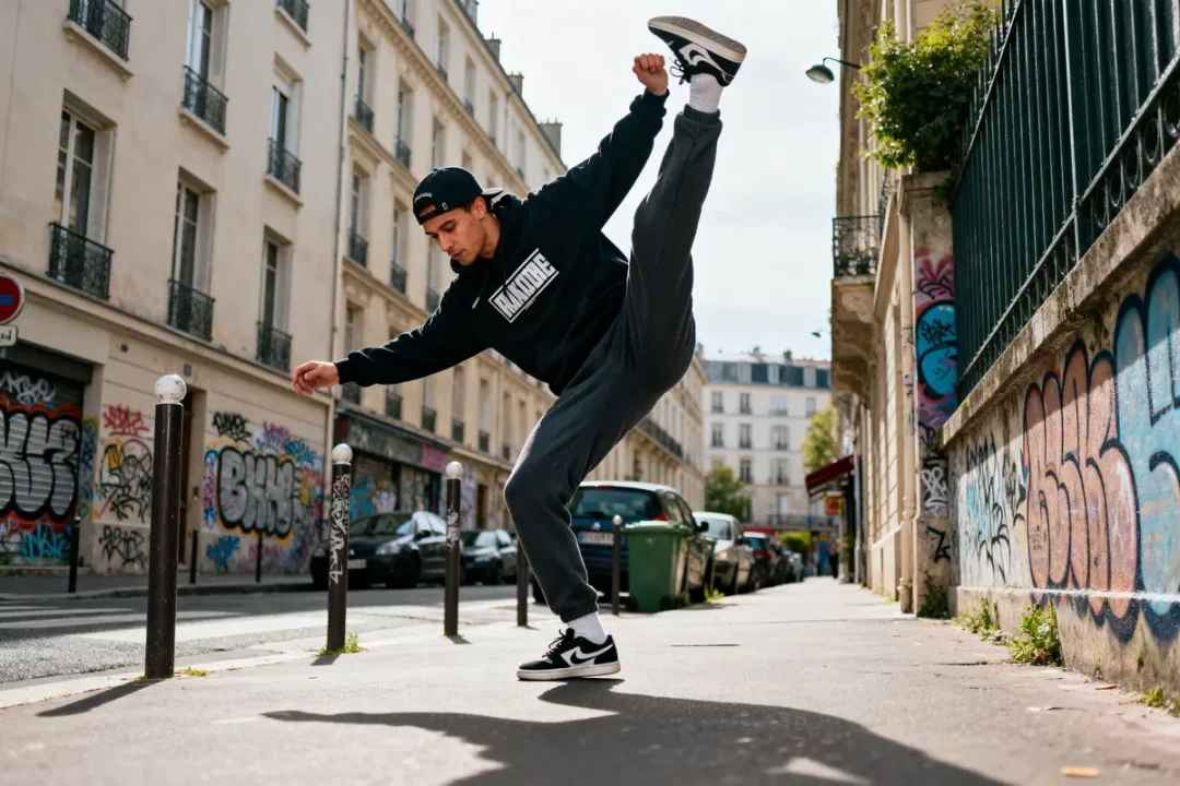 Danseur exécute une figure de breakdance breaking dans une rue urbaine grafittée