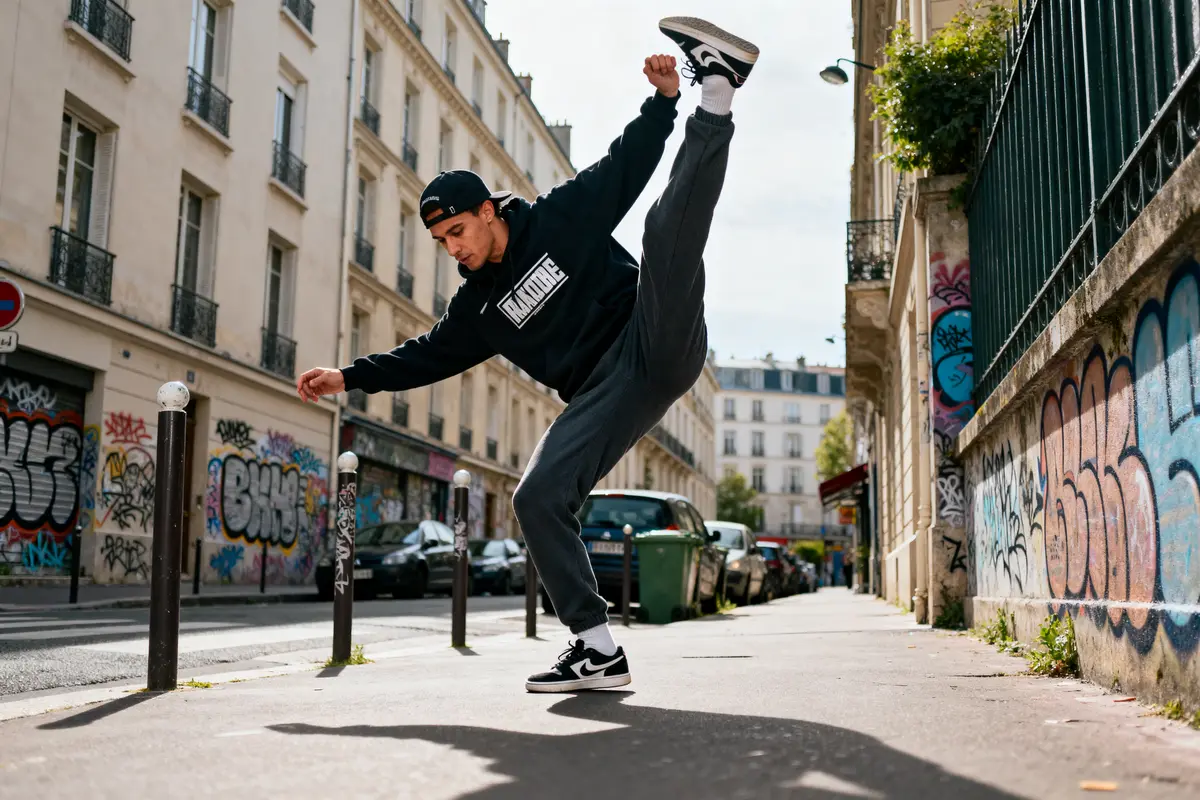 Danseur exécute une figure de breakdance breaking dans une rue urbaine grafittée