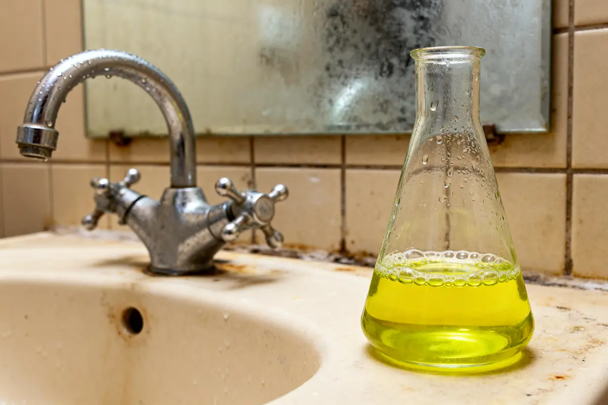 Fiole sur lavabo encrassé montrant le danger de l'urine jaune fluo
