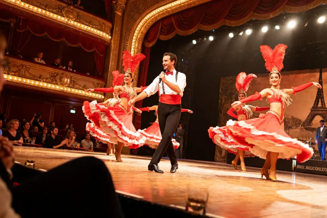 Danseurs de cabaret exécutant un **** dynamique sur scène élégamment décorée
