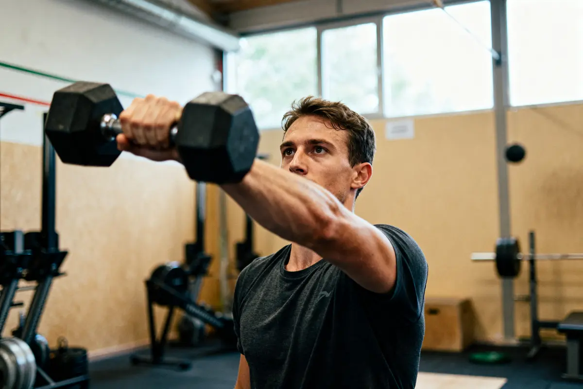 Homme effectuant un dumbbell snatch dans une salle de sport bien éclairée