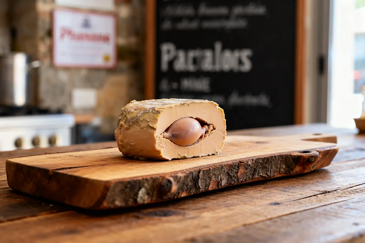 Bloc de foie gras enceinte sur planche rustique en bois, arrière-plan flou cuisine