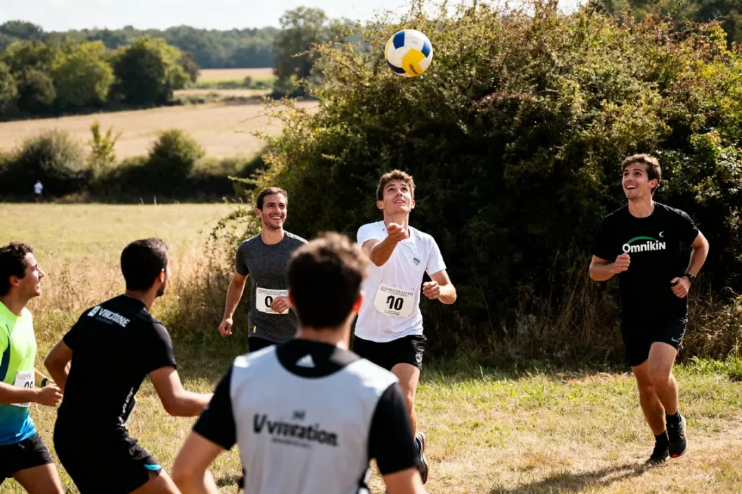 Participants jouant au kin-ball en plein air lors d'une compétition de la liste des sports en O