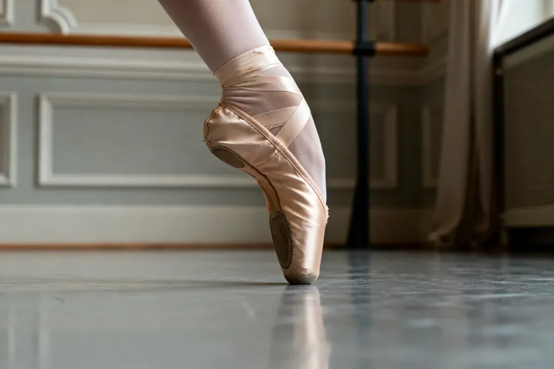Pied danseuse classique en pointe avec chausson dans studio de danse élégant