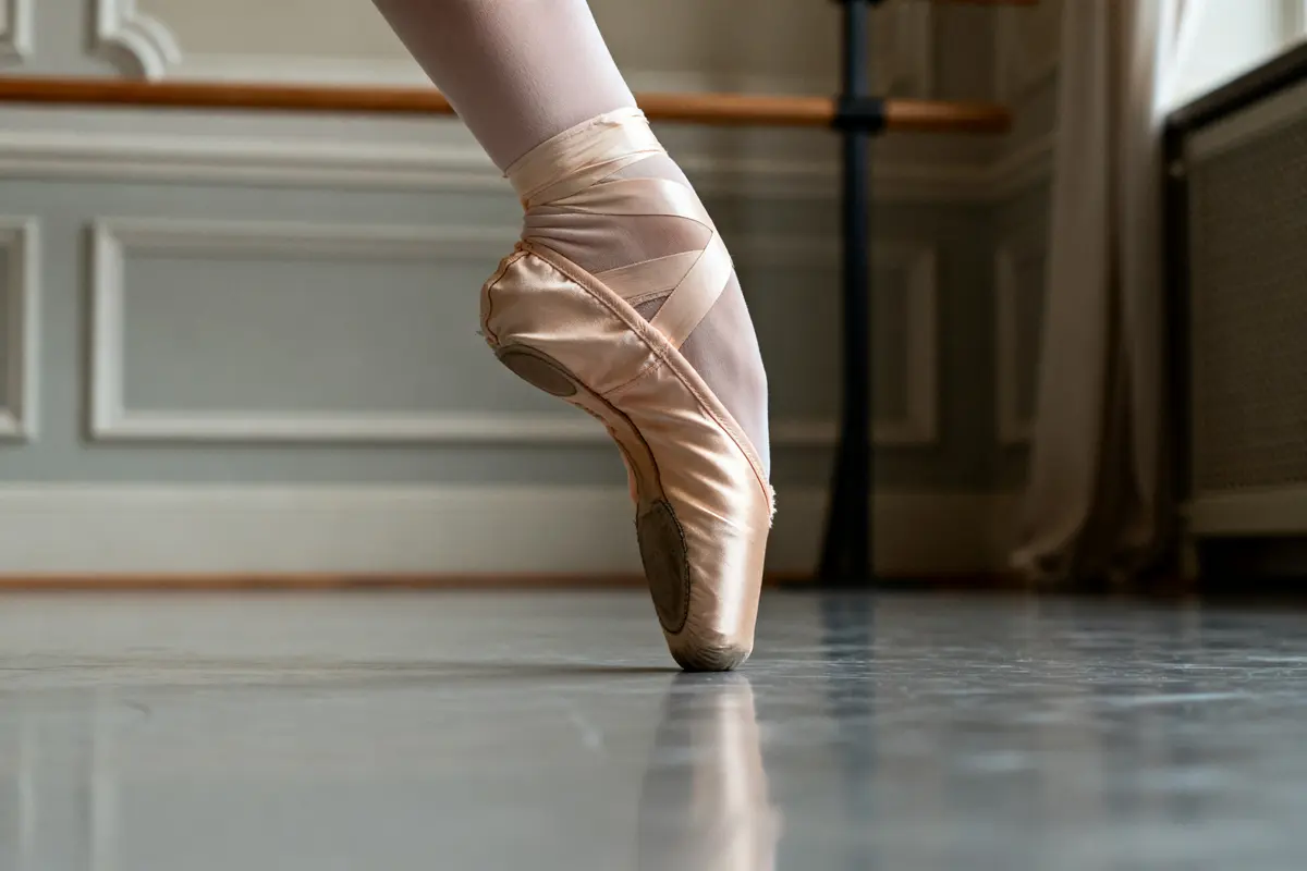 Pied danseuse classique en pointe avec chausson dans studio de danse élégant
