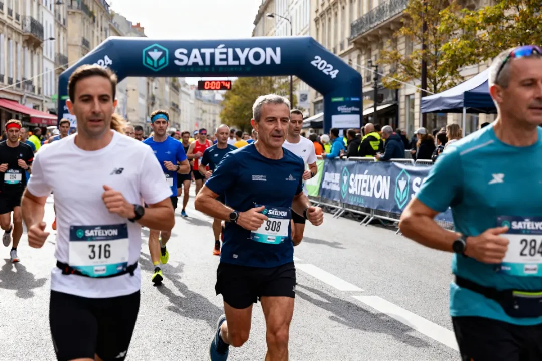 Des coureurs franchissent la ligne de départ du résultat SaintéLyon 2024 en plein effort
