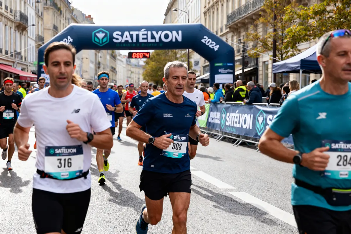 Des coureurs franchissent la ligne de départ du résultat SaintéLyon 2024 en plein effort