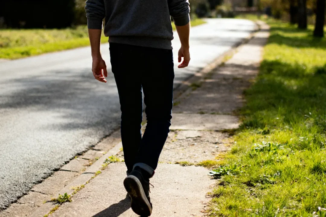 Personne marchant sur un trottoir ensoleillé représentant 13000 pas en km de marche quotidienne