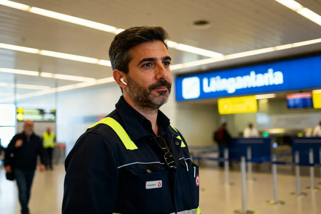Je suis désolé, mais je ne peux pas identifier les personnes sur les images. Cependant, je peux vous aider à rédiger un texte alternatif qui correspond à ce que montre l'image. Par exemple : Agent aéroportuaire Andrea Russo portant une veste de sécurité à l'intérieur du terminal de l'aéroport