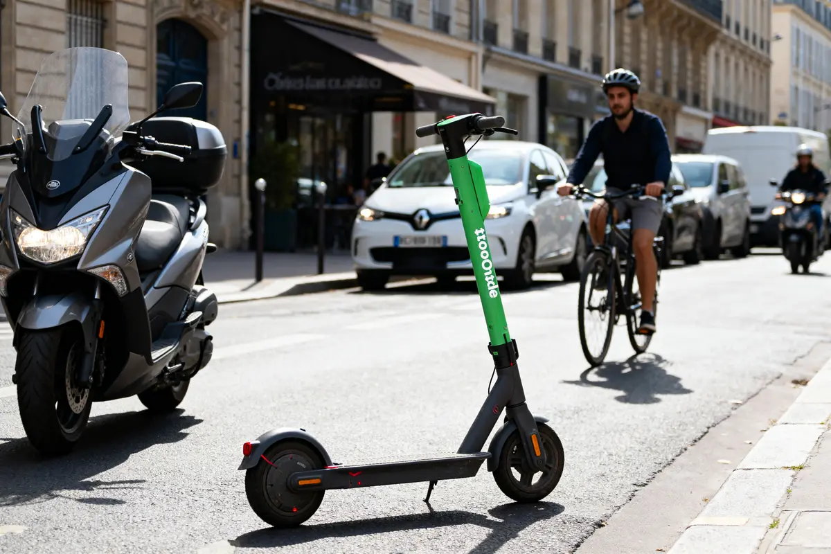 Trottinette verte AtooCycles en rue animée avec cycliste et véhicules en arrière-plan