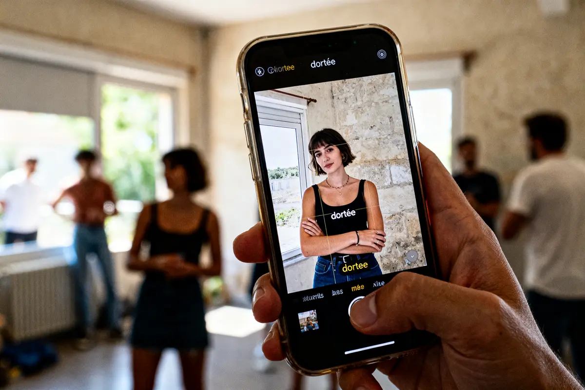 Téléphone affichant une femme nommée Dortee dans une pièce avec d'autres personnes floues
