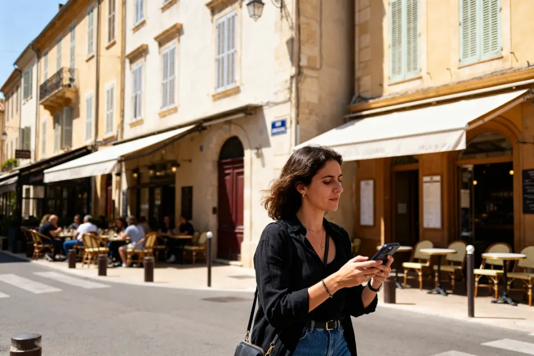 Une femme utilisant son téléphone devant un café Foumas sur une rue animée.