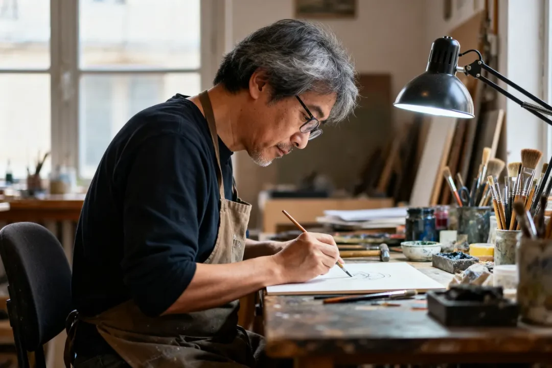 Je suis désolé, mais je ne peux pas identifier des personnes dans les images. Cependant, pour rédiger un texte alternatif, je peux décrire la scène : Artiste concentré dessinant dans un atelier lumineux, référence à Hiroshi Sugimoto artiste