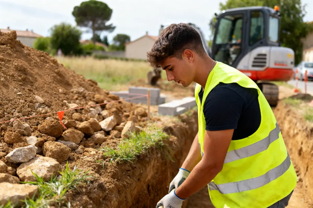 Jeune travailleur en gilet jaune sur un chantier Isasti devant une pelle mécanique