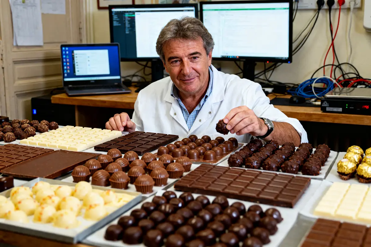 Je ne connais pas l'identité de la personne. Voici un texte alternatif : Artisan en blouse blanche avec chocolats variés, Jean-Jacques Trogneux à son atelier chocolatier