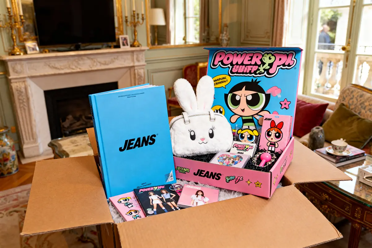 Boîte cadeau avec album NewJeans, peluche, articles Powerpuff Girls et divers accessoires colorés