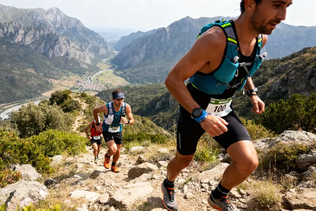 Coureurs en montagne lors du Restonica Trail 2025 avec vue panoramique sur la vallée