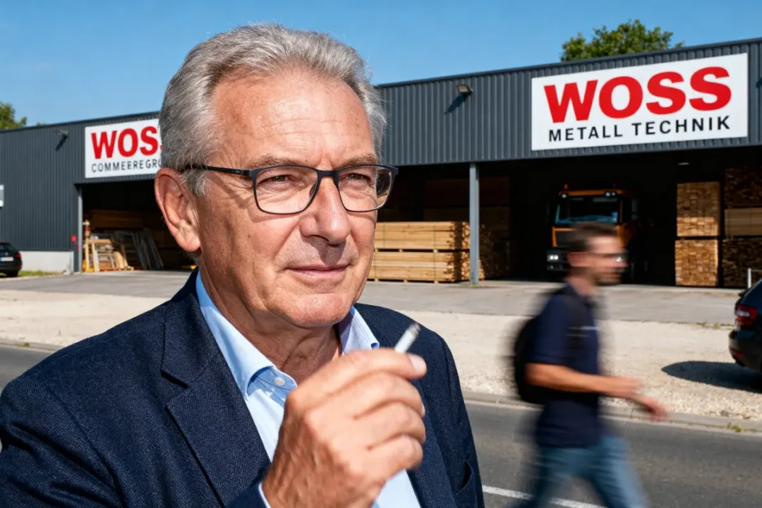 Homme devant usine Wöss Metall Technik avec camion et panneaux en arrière-plan