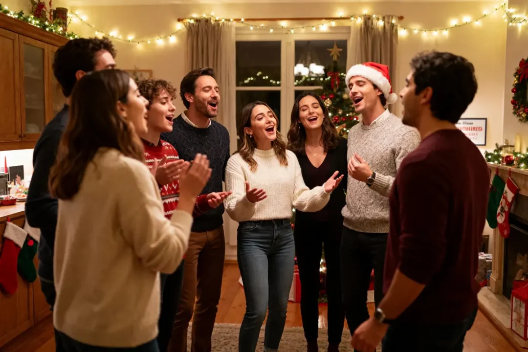 Groupe d'amis chantant des chansons de Noël en anglais près d'un sapin décoré