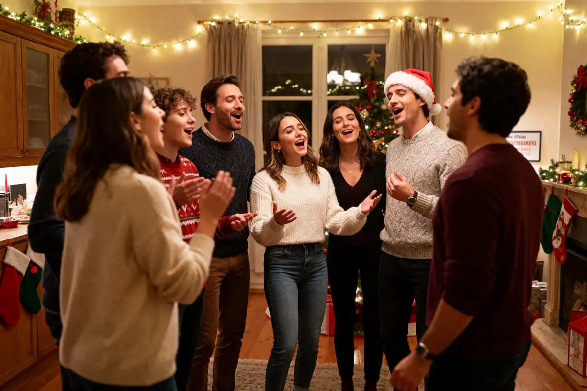 Groupe d'amis chantant des chansons de Noël en anglais près d'un sapin décoré