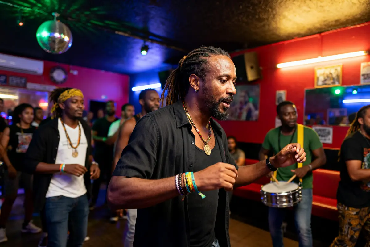 Personnes dansant dans une dance hall avec tambour dans une ambiance festive et colorée