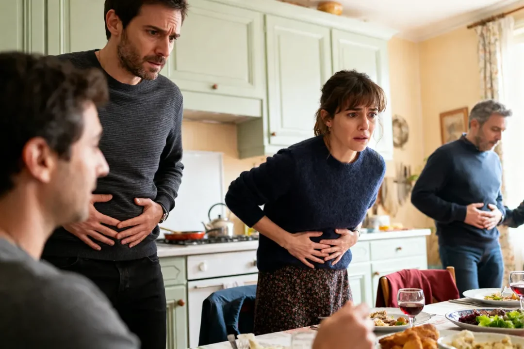 Personnes à table ressentant des douleurs abdominales, potentiellement des extrasystoles dues à l'estomac
