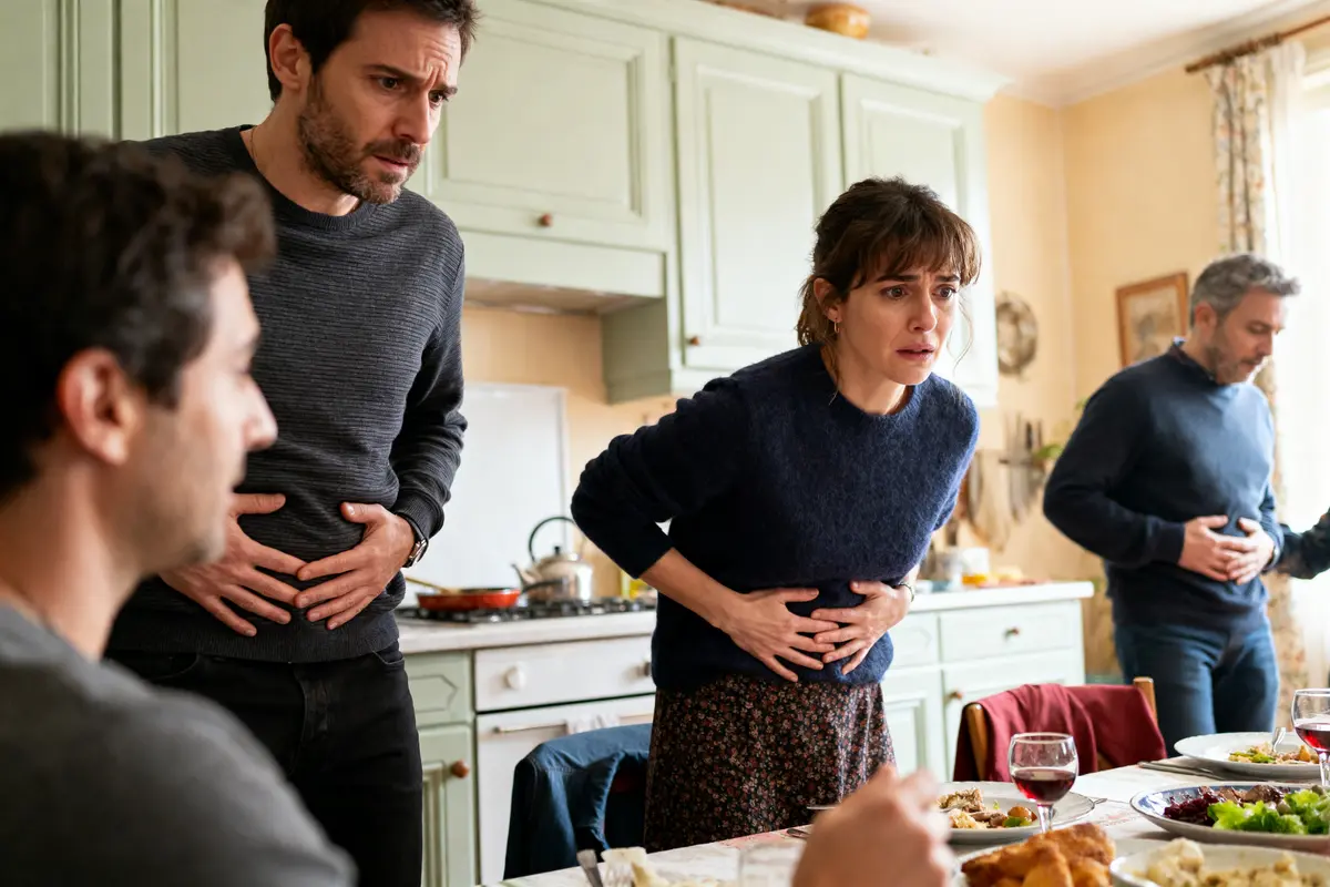 Personnes à table ressentant des douleurs abdominales, potentiellement des extrasystoles dues à l'estomac