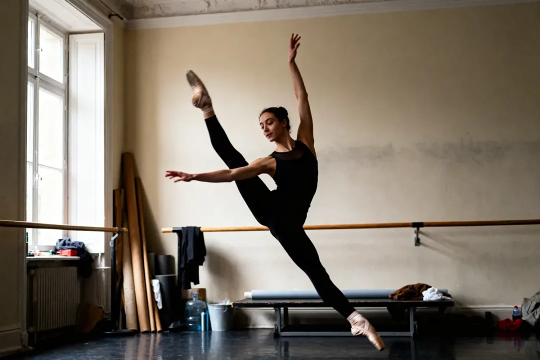 Danseuse exécutant un grand jeté dans un studio de danse lumineux avec élégance