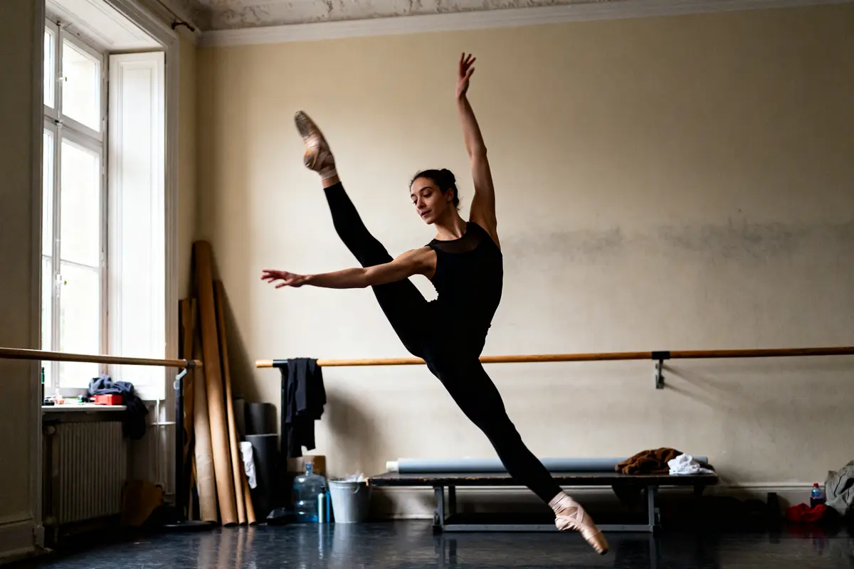 Danseuse exécutant un grand jeté dans un studio de danse lumineux avec élégance