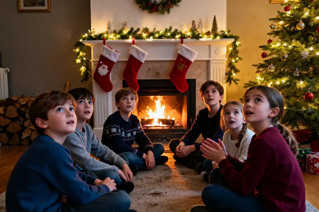 Enfants émerveillés écoutant des histoires de Noël à raconter près de la cheminée décorée