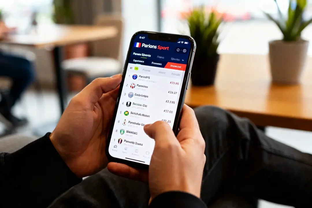 Main tenant un smartphone avec liste Parions Sport en plein écran dans un café