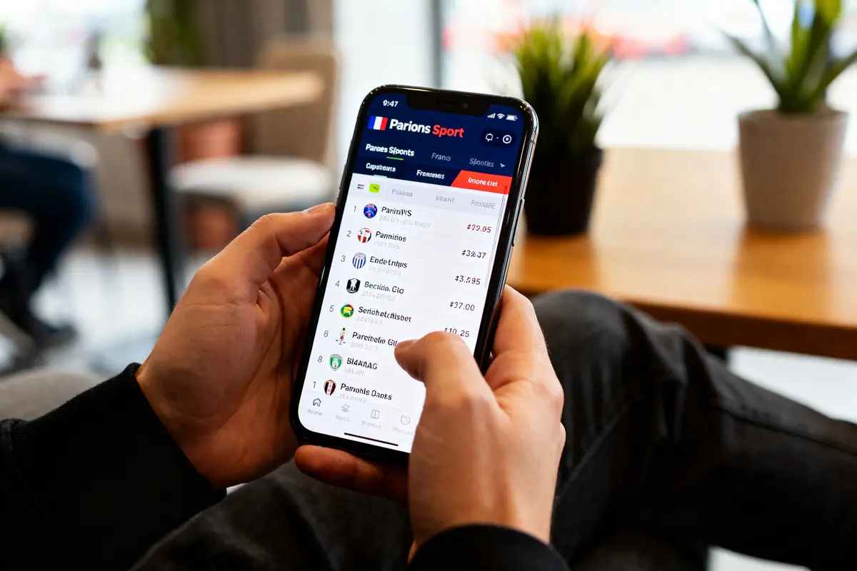 Main tenant un smartphone avec liste Parions Sport en plein écran dans un café