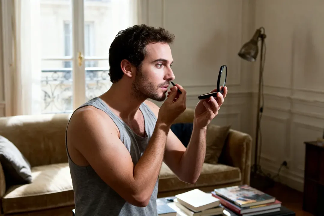 Homme appliquant maquillage pour homme avec miroir dans un salon élégant et lumineux