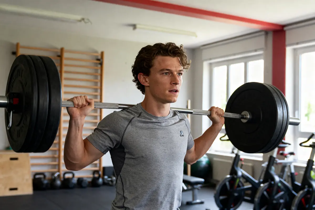 Homme réalisant un squat avec des poids dans une salle de musculation de Tom Holland