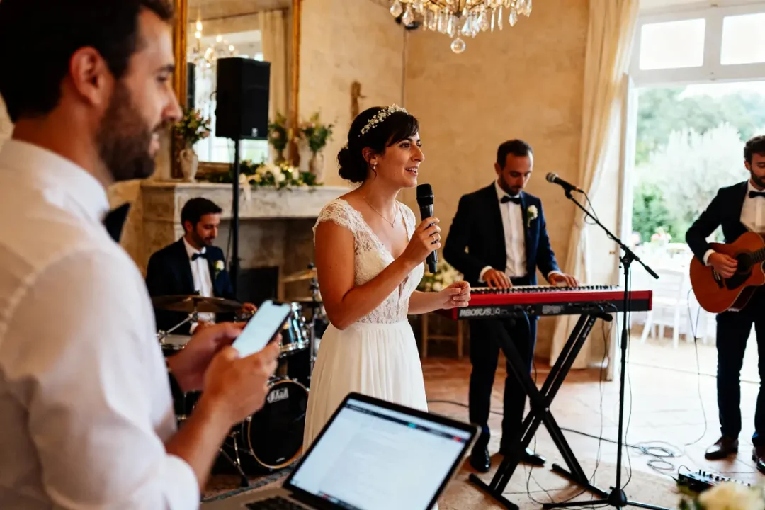 Mariée chantant avec groupe live jouant de la musique de mariage dans une salle élégante