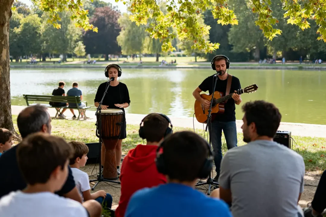 Musiciens jouant musique pour temps calme au bord d'un lac devant un public attentif