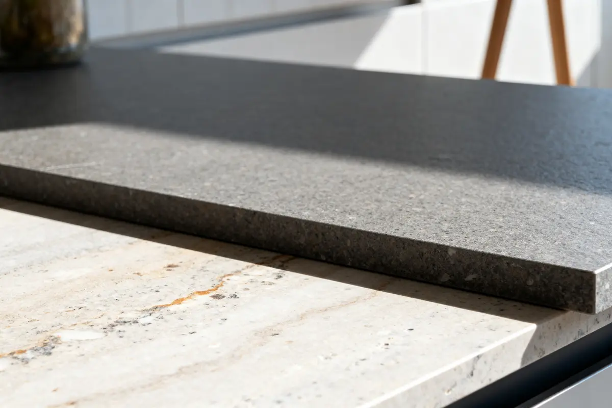 Plans de cuisine en Dekton et marbre avec texture contrastée