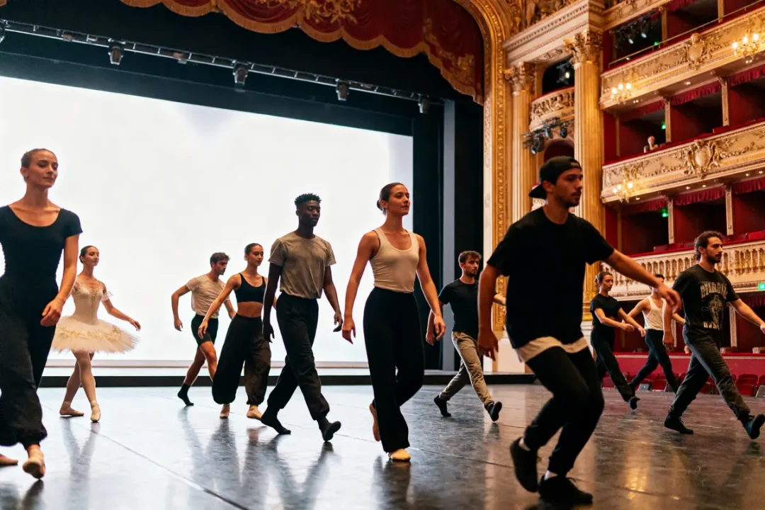 Danseurs s'entraînant sur scène pour un spectacle de danse dans un théâtre élégant