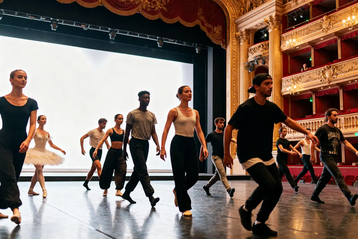 Danseurs s'entraînant sur scène pour un spectacle de danse dans un théâtre élégant